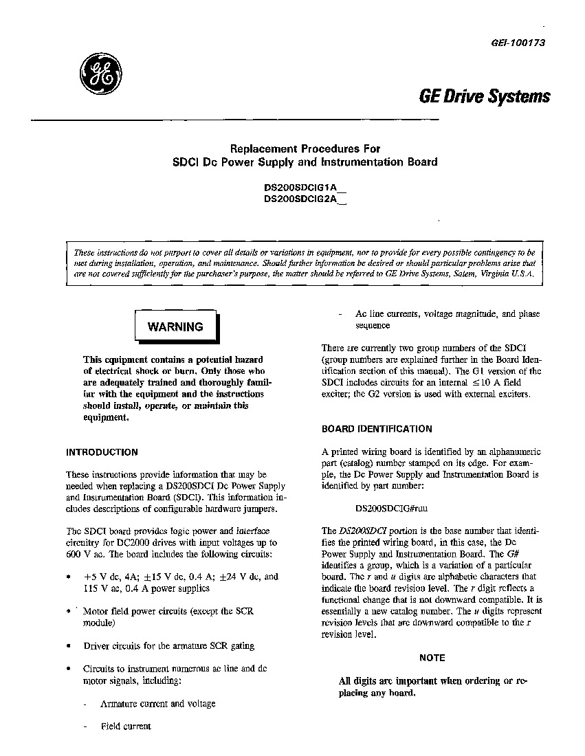 First Page Image of DS200SDCIGIAHB GEI-100173 SDCI DC Power Supply and Instrumentation Board.pdf